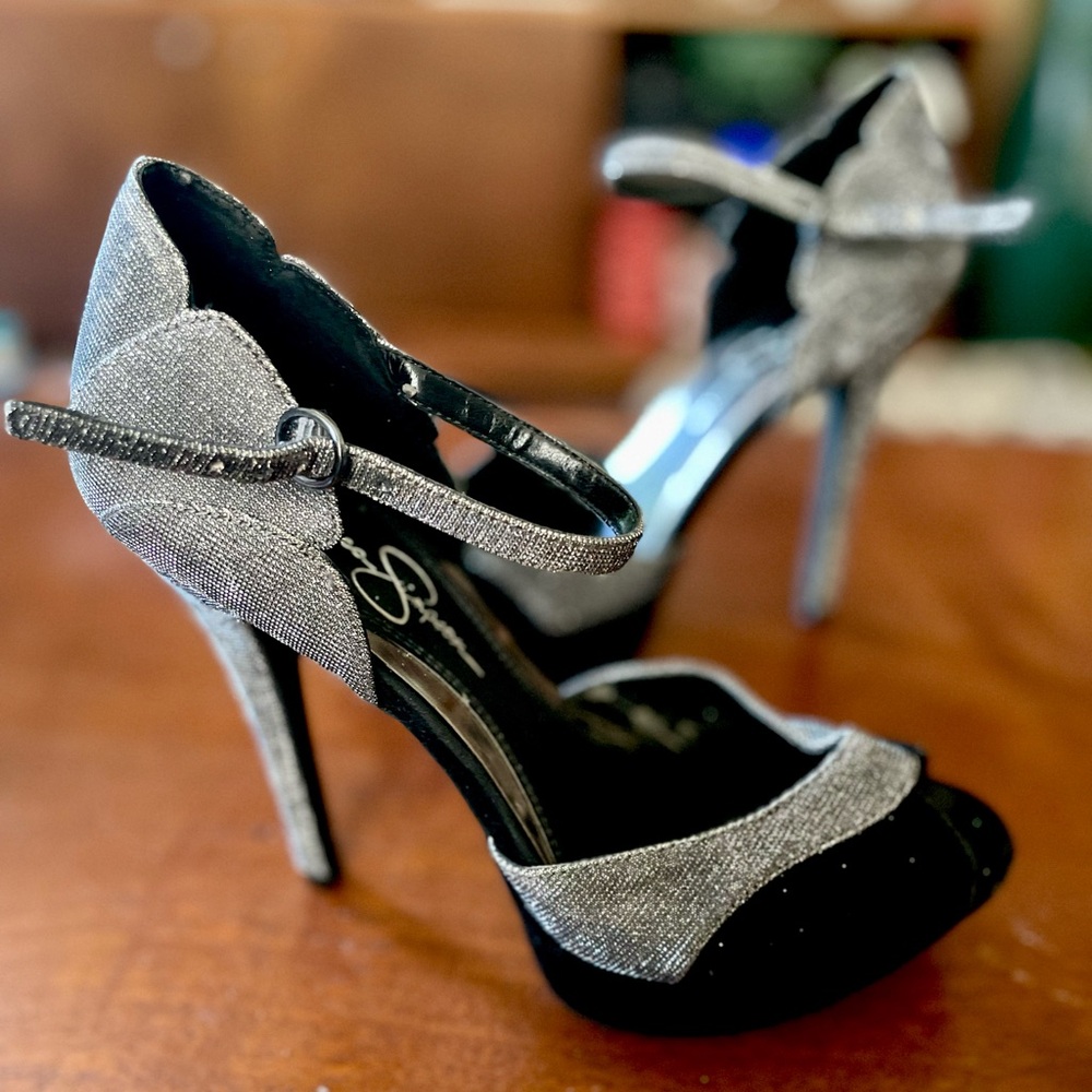 Jessica Simpson Silver and Black Peep Toe Heels